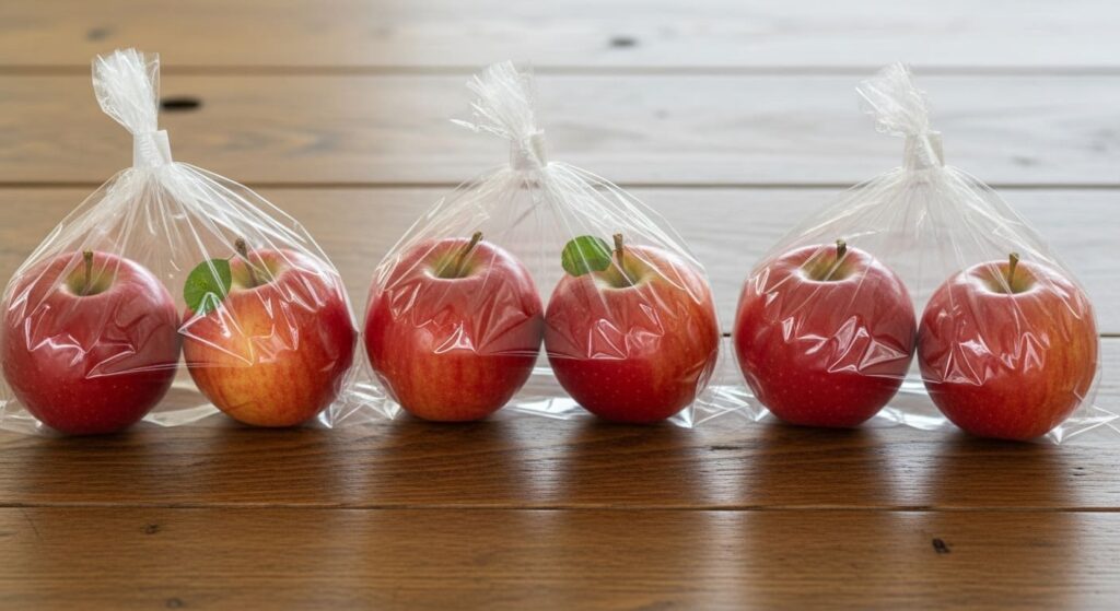 りんごを2個ごとに袋に入れる